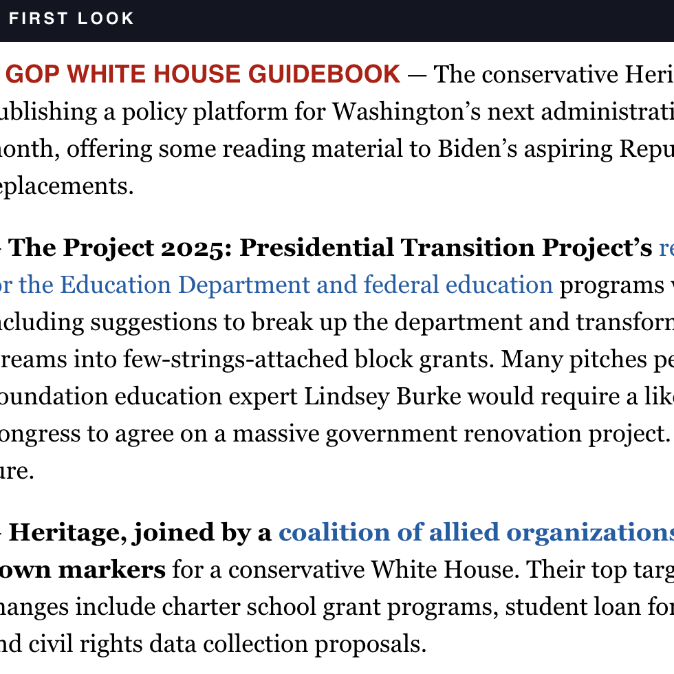 project 2025 in the news - screenshot of politico mention